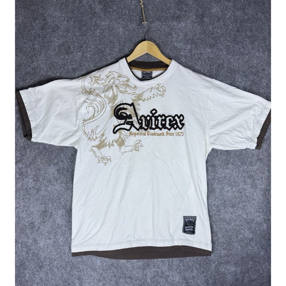 Vintage Y2K Avirex Spellout Lion Embroidery Brown Ringer T-Shirt Grunge Skate XL